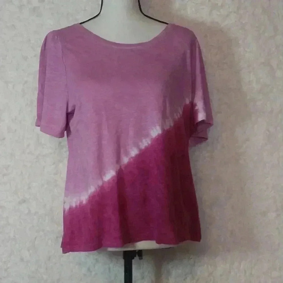 Short Bell Sleeve Scoop Neck Placement Tie Dye Knit Tee - Picture 2 of 8